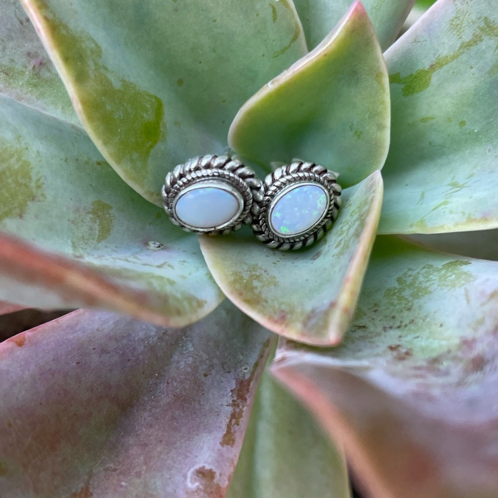Vintage Sterling Silver White Opal Stud Earrings